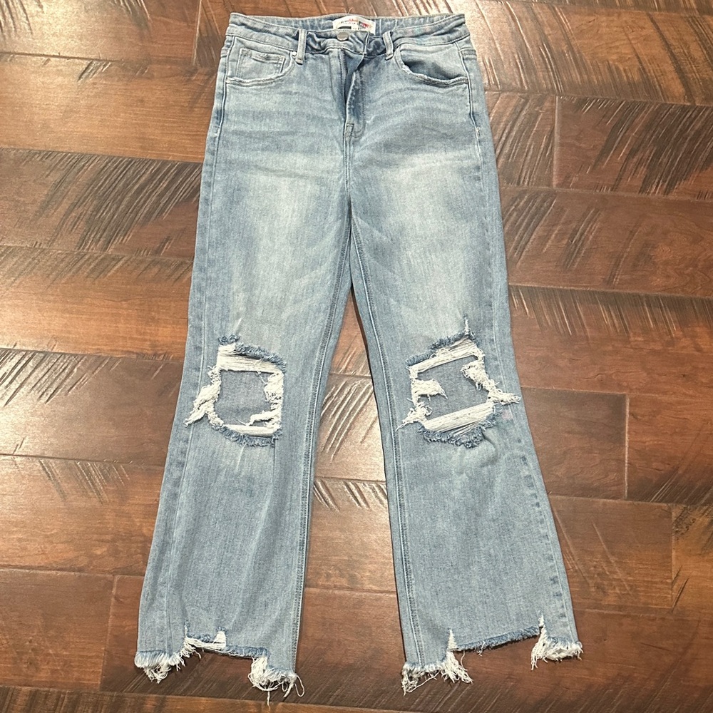 Trendy Distressed Women's Flare Jeans in Light Blue